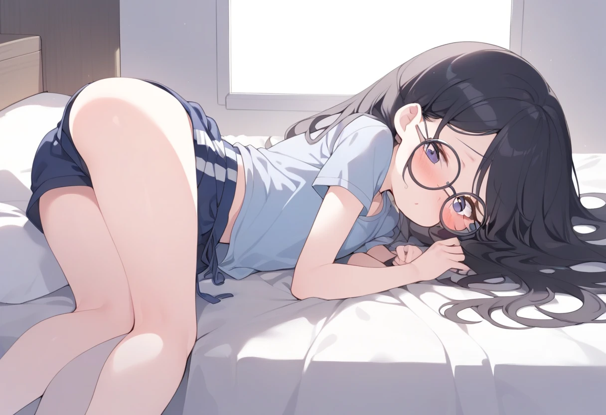 masterpiece, Highest quality, so beautiful, Absurd,
One girl, alone, Black Hair, Bobcut,
Thermont 16A, Glasses, 
negligee、Small breasts、Pastel colored underwear、From behind, with her butt facing the camera、whole body、 White Background, On the bed,被写体のwhole bodyが映る、NSFW
 