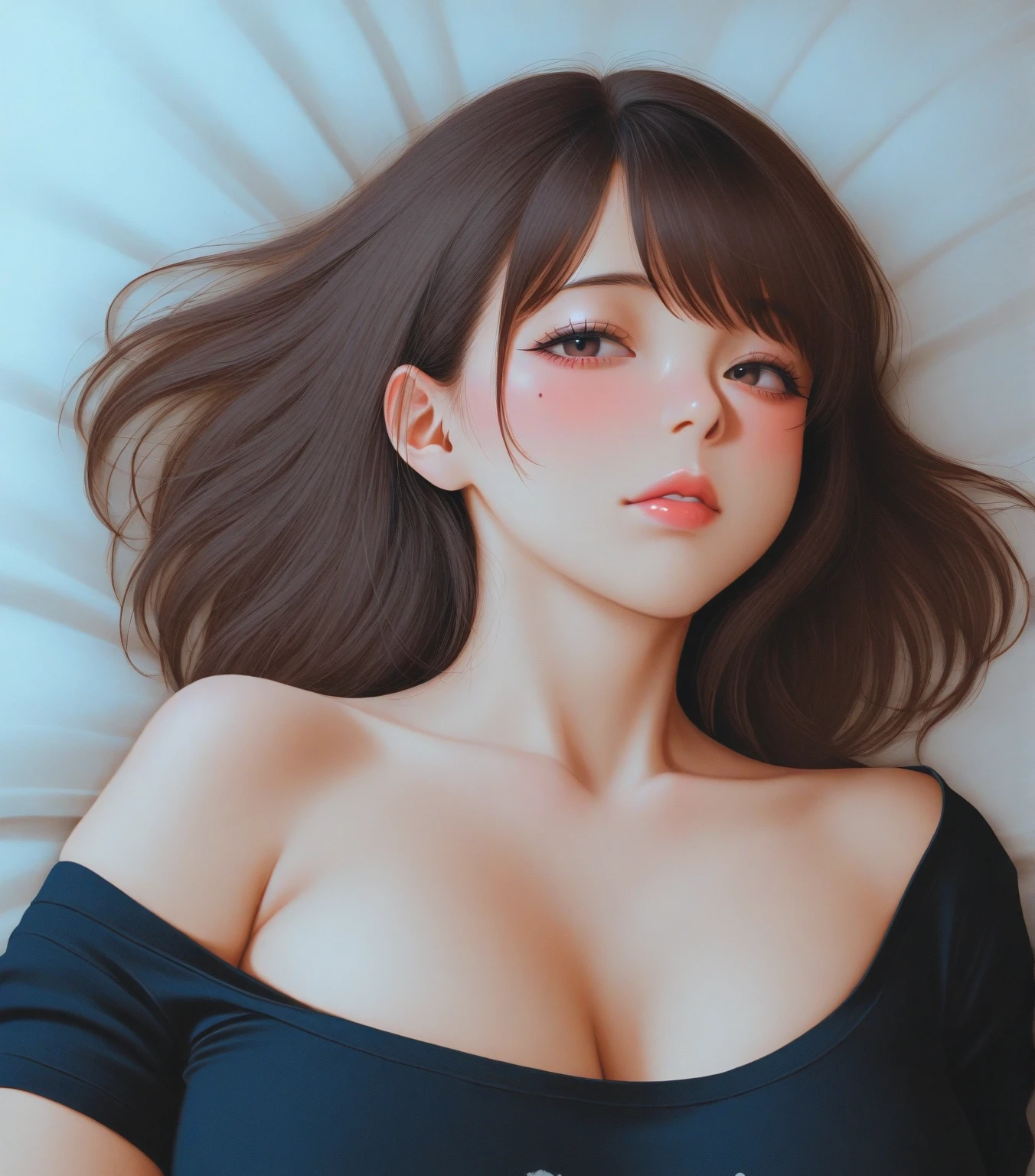 masterpiece, best quality, Ray tracing, hdr, volumetric lighting,
1girl, flushed, 
red-haired, curly hair, closed eyes, kink hair,
<lora:PovKiss_Peck_FefaAIart:0.8>, pov, kiss, peck lips, round lips, incoming kiss,  
 outstretched arms,
breasts, cleavage, 
<lora:Downblouse_FefaAIart:0.5>,downblouse, extended downblouse,