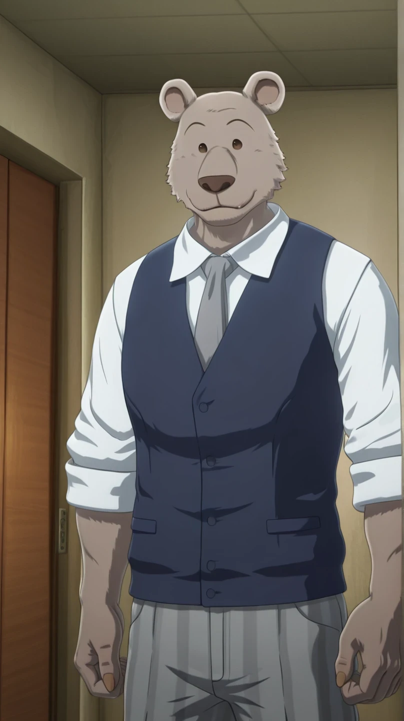 absurd res, best quality, high quality, detailed,  Riz, broad shoulders, mature male, brown eyes, athletic build, muscular male, round ears, bear, buff, gray body, blue vest, white long sleeve shirt, gray tie, standing, indoors, dorm, looking at viewer, half body, smiling