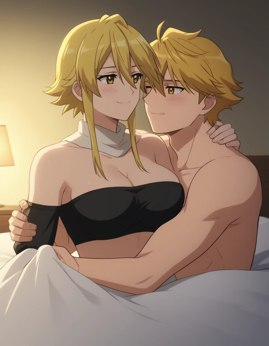 (masterpiece、top-quality、hight resolution), In a dimly lit hotel room, a man sits on the edge of the bed, looking shocked and uncomfortable. Standing in front of him is a woman dressed as an escort, who he quickly recognizes as the delinquent girl who used to bully him in school. Her expression is a mix of surprise and amusement as she realizes who he is. She stands with one hand on her hip and a teasing smile on her face, clearly enjoying his discomfort. The room is simple, with a bed, nightstand, and dim lighting, creating an intimate yet tense atmosphere. The focus is on their facial expressions and body language, highlighting the awkward and unexpected reunion. nsfw, modred, (green eyes:1.5), blonde hair, ponytail, short hair, scrunchie, red scrunchie, hair scrunchie