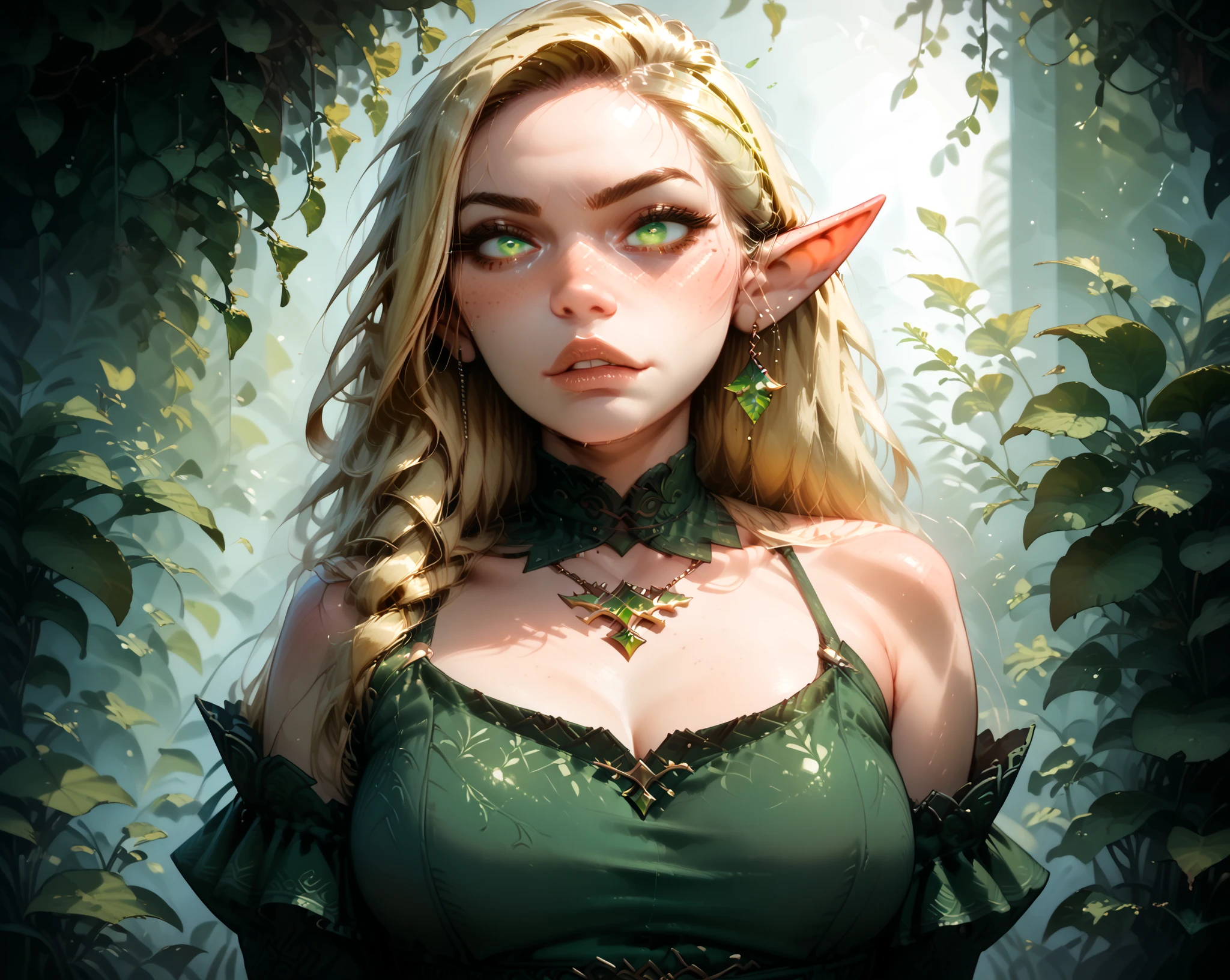 (masterpiece), best quality, expressive eyes, perfect face, Elf, Woman, Ashen white skin, Small breasts, Pointed ears, Long Wavy Blonde hair, Bright Green Eyes, Red lips, Black Eyeshadow, Wearing Long flowing semi-transparent Green Priests robes, Elegant crown made from vines and flowers, Pinup, Fantasy Elven forest background