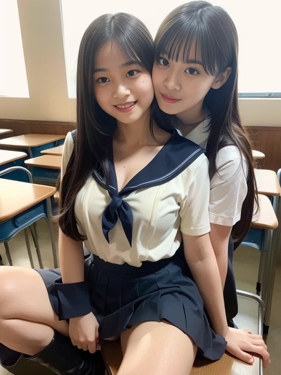 japanese, linda, small, baby face, realisitic, overskirt, top, twogirls, hugging, cheek kiss, thigh sock, sisters aged 14 and 10, Selfie