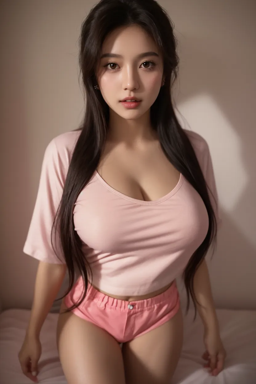 (masterpiece:1.3), (High resolution:1.1), Detailed beautiful face, Detailed beautiful, (huge breasts, gigantic breasts:1.4  arafed asian woman in a striped shirt sitting on a bed, gorgeous young korean woman, gorgeous chinese model, korean girl, beautiful young korean woman, beautiful south korean woman, korean woman, beautiful asian girl, japanese model, open v chest clothes, posing in a bedroom, chinese girl, 2 4 year old female model, girl next door innocent look