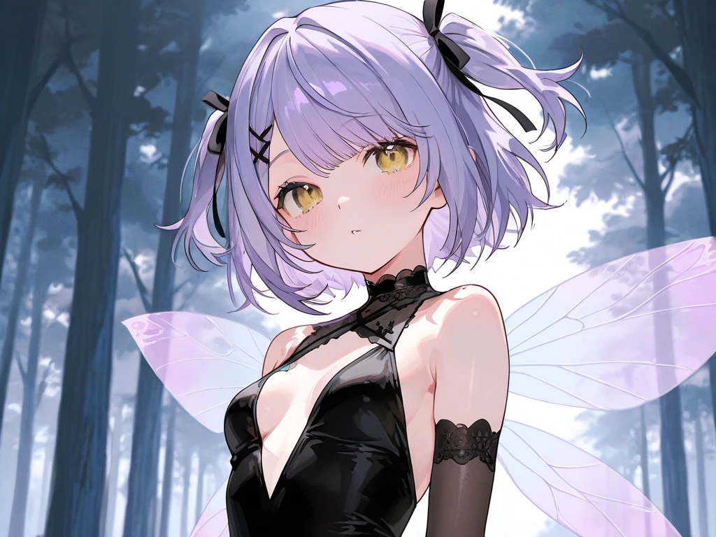 score_9, score_8_up, score_7_up, best quality, masterpiece, source_anime, anatomically correct, 1girl, short dress, messy hair, leather dress, spiked jewelry, lingerie, fairy wings, cyan hair, short hair, messy bangs, beautiful face, detailed eyes, narrowed-eyed, violet eyes, flat chest, smug expression, seductive pose, Dynamic portrait, woods, stream, fantasy, blushyspicy