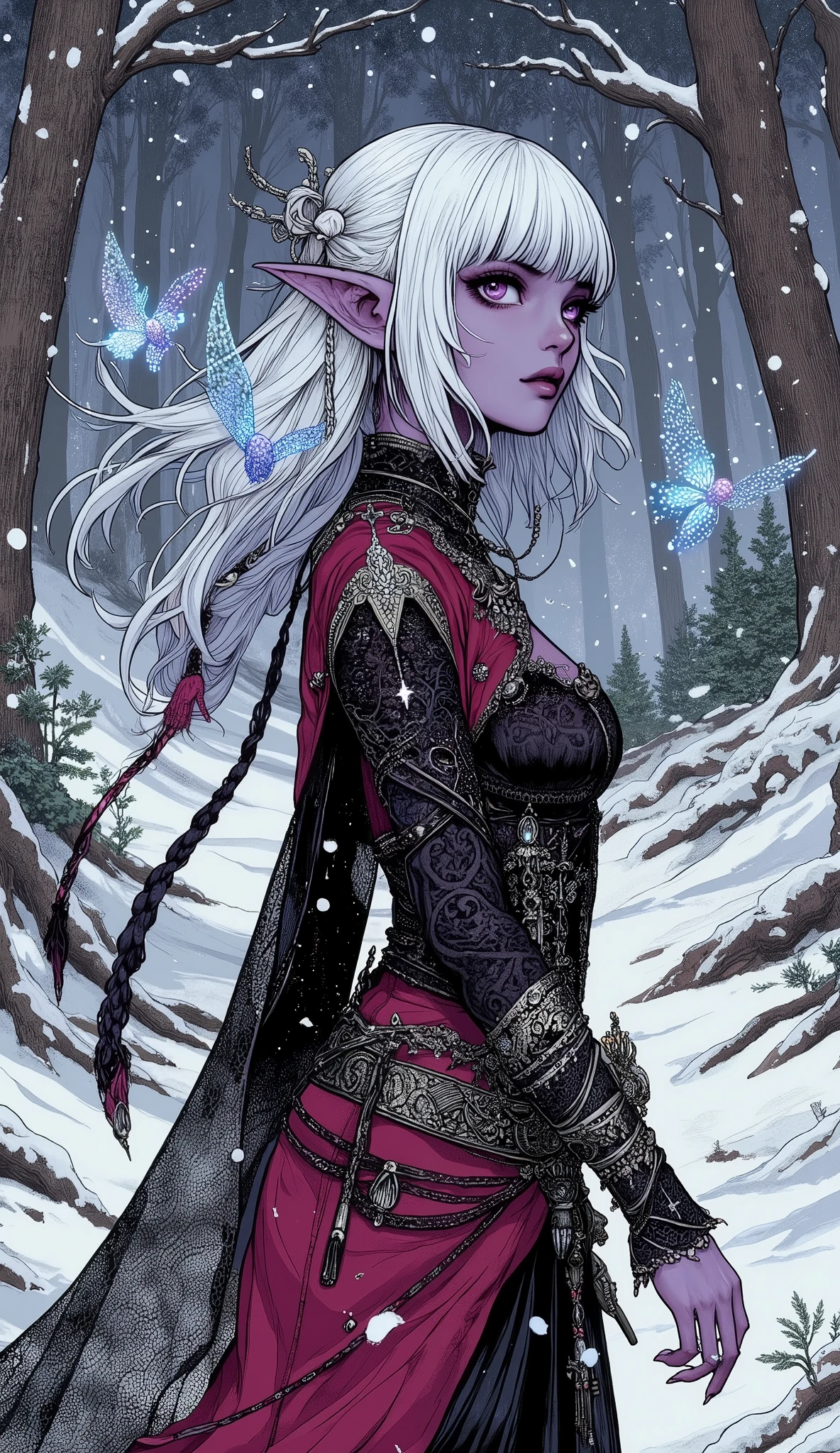 (A fusion of Ukiyo-e and dark fantasy. Aesthetic and gothic digital art. Illustrations are drawn from the perspective of looking up diagonally from the ground.) BREAK
(White hair. Blunt bangs. White eyebrows. Long white eyelashes. Almond-shaped eyes. Lavender eyes. Dark, thick eyeliner. Small pink lips. Slightly pointy ears. Dark purple skin. Thin limbs. Thin fingers. White fingernails. One thumb and four fingers accurately drawn.) BREAK
(The world of vampire legends is set in medieval Romania. The dark sky is covered with low snow clouds, heavy snow is falling, and a strong wind is blowing. Deep in a forest thick with coniferous trees. A female dark elf vampire hunter walks through the snow with her back turned and her body twisted in a daring pose, talking with snow fairies who are floating in the air, fluttering small pairs of wings made of glowing blue and white snow crystals. A woman wears a jet-black beaded and silver embellished choker, a Roma-style belly dance dress of dark crimson velvet and lace fabric with gold thread embroidery, and a pareo made of thin, sheer, shiny lace from Portugal elegantly wrapped around her waist. Around her waist hangs a silver cross and a vial of holy water, and she wears braided sandals and silver-embellished bracelets and anklets on her wrists and ankles. She weaves scraps of beautiful colors into her hair.)