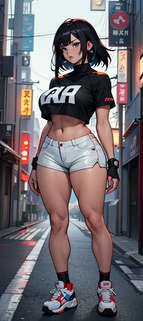 ((Simon Bisley)), Beautiful full-bodied woman, 30 years old, muscular and perfect body, Masterpiece, best quality, high-res, extremely detailed, ((Best quality)), ((masterpiece)), ((realistic)), ((beautiful female model)), (arrogant:1.4), (badass:1.4) - In the crisp autumn air, the arrogant female model dons a badass modern costume, showcasing her muscular body and perfect muscular long legs. Her intense gaze, now icy blue, reveals a hint of rebellion. With a thin waist and huge hips, her silhouette stands out against the backdrop of a random city street, adorned with colorful fallen leaves. on eye level, scenic, masterpiece, Thick body,((Sexual suggestiveness)),Seductive smile,high-heels, (naughty smile:1.1), wide hips, thin waist, , sex slave