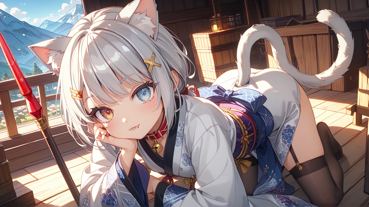 masterpiece, high resolution, high quality, NSFW, white kimono, big breasts, cat ears, floral pattern, yellow eyes, gray hair, twin tails