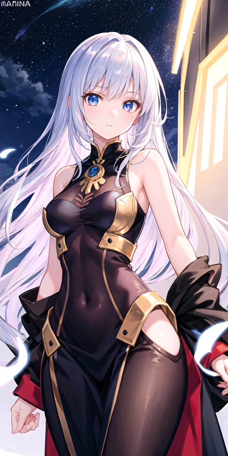 hyper detailed, perfect anatomy, extremely detailed and delicate, 1 girl, shimakaze(kancolle), night sky, stars, milkyway, with a black cat,