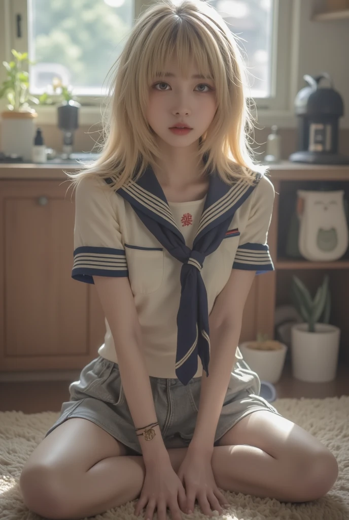 (highest quality、4k、8k、high resolution、masterpiece: 1.2)、Super detailed、(real、photorealistic、photorealistic: 1.37)、(Beautiful 15 year old woman in cellar clothes:1.5)、She is squatting with her legs spread wide.、(She grabs the bottom of her skirt and lifts it up to reveal her panties:1.3)、(She is sexually aroused by exposing her panties)、perfect proportions、fine and beautiful eyes、beautiful detailed lips、long eyelashes、curly hair、sensual look、smooth skin、fit the body、sparkling eyes、shining lips、sensual curves、Passionate、provocative、seductive pose、soft lighting、romantic atmosphere、subtle shadow、intense colors、enchantingly illuminated、high contrast、(This is a school classroom:1.33)、mynatalee woman, natalieleelora