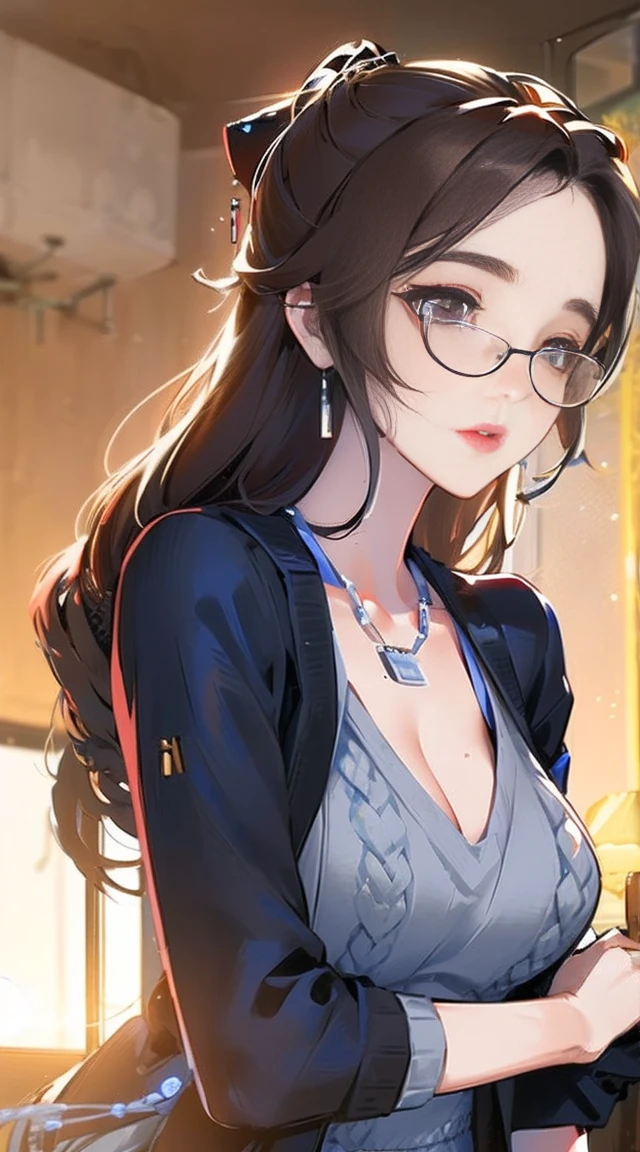 1girl, solo, long hair, breasts, looking at viewer, bangs, large breasts, shirt, hair ornament, long sleeves, bare shoulders, jewelry, closed mouth, yellow eyes, white shirt, flower, grey hair, cowboy shot, hairband, earrings, detached sleeves, glasses, sleeveless, belt, pants, hair flower, blunt bangs, necklace, bracelet, turtleneck, denim, semi-rimless eyewear, black-framed eyewear, jeans, blue pants