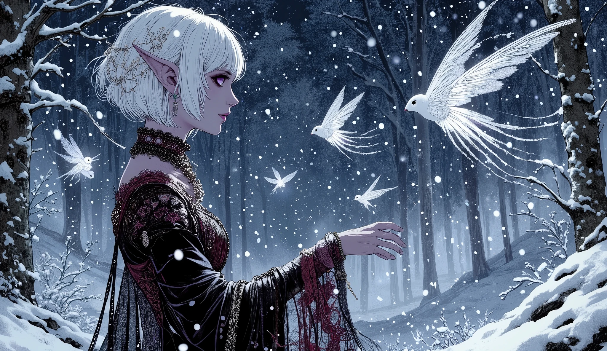 (A fusion of Ukiyo-e and dark fantasy. Aesthetic and gothic digital art. Illustrations are drawn from the perspective of looking up diagonally from the ground.) BREAK
(White hair. Blunt bangs. White eyebrows. Long white eyelashes. Almond-shaped eyes. Lavender eyes. Dark, thick eyeliner. Small pink lips. Slightly pointy ears. Dark purple skin. Thin limbs. Thin fingers. White fingernails. One thumb and four fingers accurately drawn.) BREAK
(The world of vampire legends is set in medieval Romania. The dark sky is covered with low snow clouds, heavy snow is falling, and a strong wind is blowing. Deep in a forest thick with coniferous trees. A female dark elf vampire hunter walks through the snow with her back turned and her body twisted in a daring pose, talking with snow fairies who are floating in the air, fluttering small pairs of wings made of glowing blue and white snow crystals. A woman wears a jet-black beaded and silver embellished choker, a Roma-style belly dance dress of dark crimson velvet and lace fabric with gold thread embroidery, and a pareo made of thin, sheer, shiny lace from Portugal elegantly wrapped around her waist. Around her waist hangs a silver cross and a vial of holy water, and she wears braided sandals and silver-embellished bracelets and anklets on her wrists and ankles. She weaves scraps of beautiful colors into her hair.)