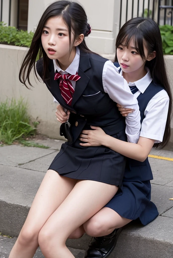 12 year old Asian girl in a sailor uniform kneeling with a short skirt, short white socks and black shoes on a path near the beach with her younger sister in the same and the face of an older man with a hood can be seen watching