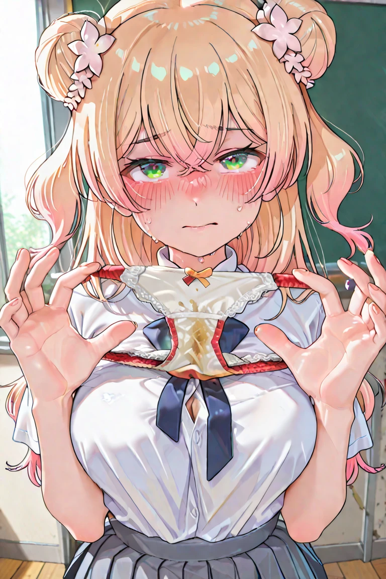 Browsing Caution,(Petite),(Crossdresser),((Penis in the crotch)),(((Handjob))),blonde low twintails,lips,Sweat,White Breath,Embarrassed expression,Erotic lines made clear