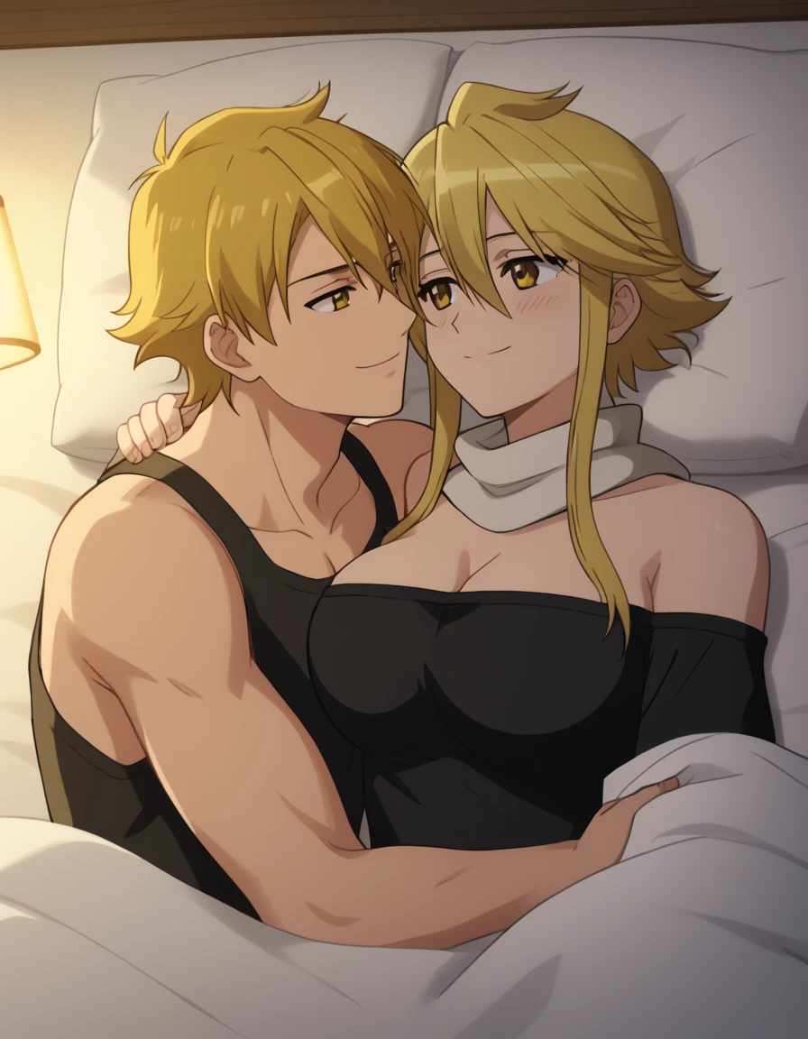 ((best quality)), ((masterpiece)), (detailed), perfect face, tanned skin anime girl in a deep V-neck tied top (bare shoulders), (long skirt), she is hugging a handsome boy, the boy is grabbing her stomach tightly from behind