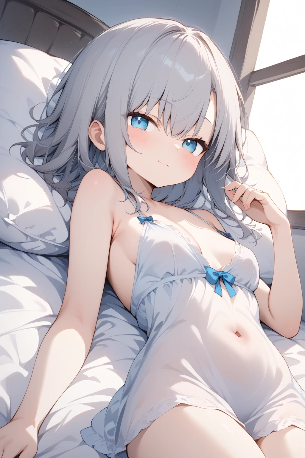 (最high quality,4K,8K,High resolution,masterpiece:1.2),Super detailed,Vibrant colors,Soft Shadows,Beautiful brushwork,Attention to detail,perfect render,rich skin tone,Expressive eyes,Captivating Expressions,Golden shades,Gears in the background,Has long, curly, light grey hair, Blue-purple robot eyes, A headband decorated with pearls and violet camellias, White shirt, Floral dark blue hemline、 (cryin) ,Cute Characters, Most detailed, high quality、(missionary, 1boy, penis, lying, vaginale, ass pov, spread legs, Sex, nsfw)、nose blush、steam、Oblique angle、Shiny Hair、Very fine and beautiful bright eyes、be scared、Very detailed, clear and beautiful face, Being stripped of clothes、No clothes、Slender body、Awards, Anatomically correct、((Scared))