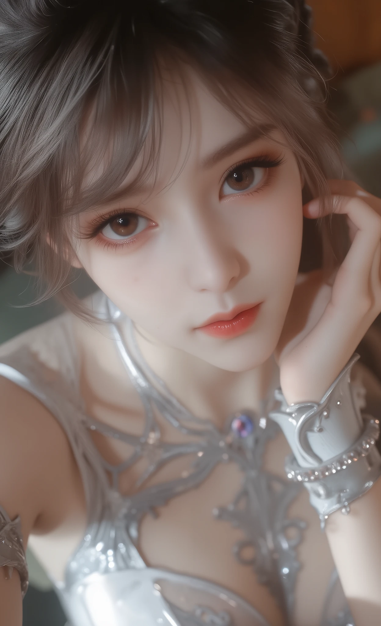 Dutch angle, pose , selfie pose on stomach, Slender Woman, Xxiaowu, best quality, masterpiece, high sensitivity, high resolution, detailed depiction, Looking at viewer, Lift a completely naked ,very pale skin white skin sexy 18, Looking at the chest, See hands, See arms, See legs, See knees, See feet, See whole body, wet body, Shining skin, is cute ( Seductive gestures:2 . 0)