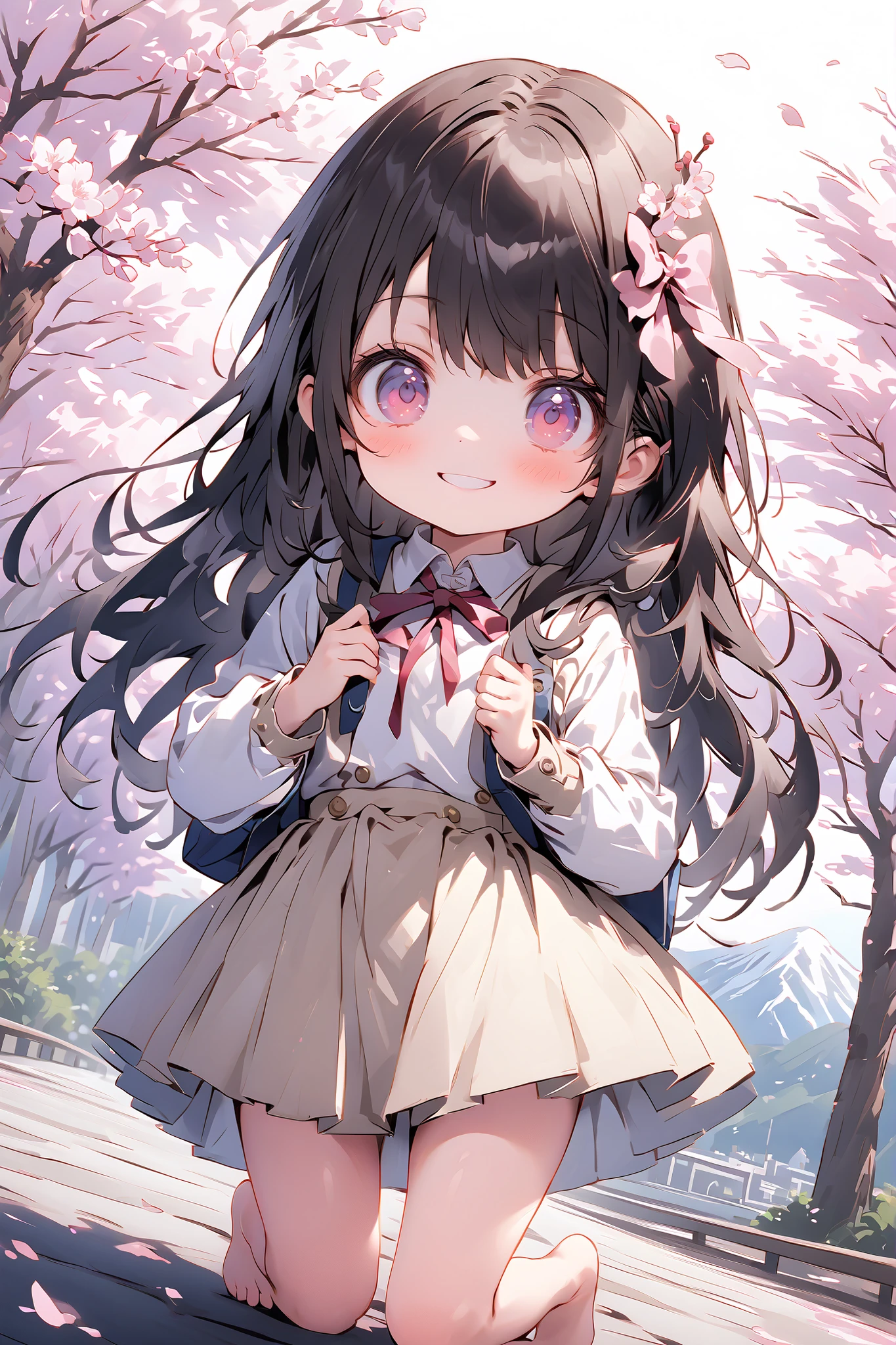 (One personの少女)、One person、Solo Photo、uniform、Barefoot、dark haired、long hair、stupid hair、ribbon on head、(Primary school student 1.2)、with a young face、(child)、Smile Yan、full body image、face up with ties、raise your hand upward、Legs、Mountain、nature、tree、cherry blossoms、