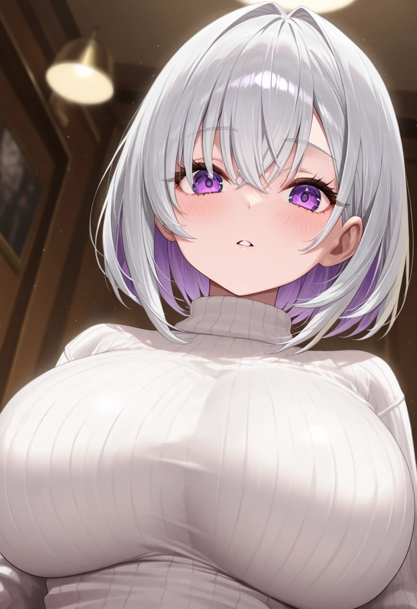breast, nude, nipples, 1girl, solo, looking at viewer, detailed eyes, smile, bangs, blue eyes, breasts, bow, twintails, white hair,  hair bow, black bow, drill hair, twin drills, cleavage, upperbody