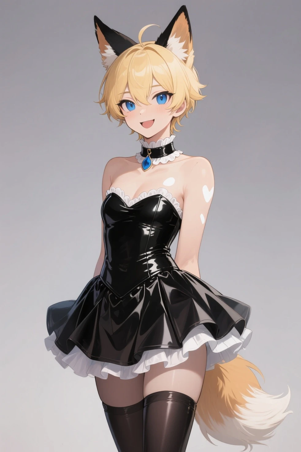 masterpiece, best quality, ultra-detailed, beautiful, 1girl, solo, wolf girl, wolf ears, wolf tail, blonde hair, short hair, fangs, blue eyes, playboy bunny, strapless, strapless leotard, detached collar, bare shoulders, bowtie, bow, wrist cuffs, sharp fingernails, black nails, standing, shoot from front, simple background, looking at viewer,