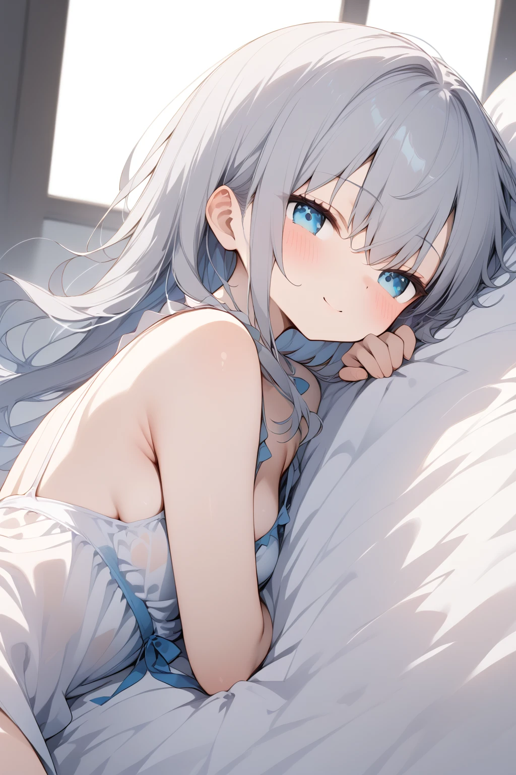 (One Mature Woman)、Big Breasts、Hair between the eyes、Canopy bed、White Curtains、Light blue sheets、(Light blue long hair)、Pink nightgown、Sleepy eyes、rubbing sleepy eyes、Waking up、Watching the audience、Angle from behind、look back、See-through clothing、morning、Lying in bed、Raise your upper body、