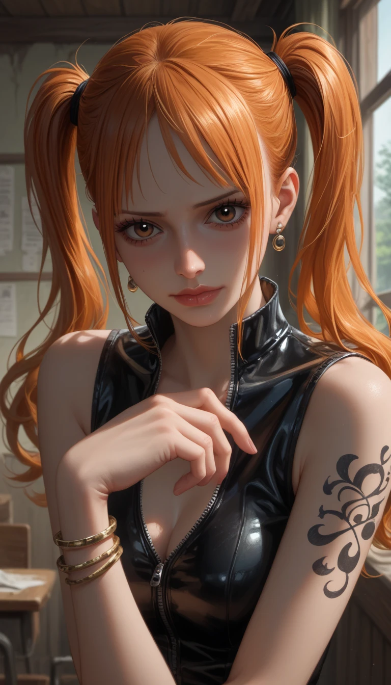 A highly detailed professional ultra-realistic 8k CG masterpiece of an elegant woman. She has asymetrical bangs, shining skin. She wears perfect makeup, red eyliner and black eye shadows. She has ((straight long ginger hair in loose twintails)) and cyan eyes. She wears a black turtle neck mini dress, cleavage and showing shoulders.  She has thigh highs and high heels. Her pretty face has a lot of ((freckles)).