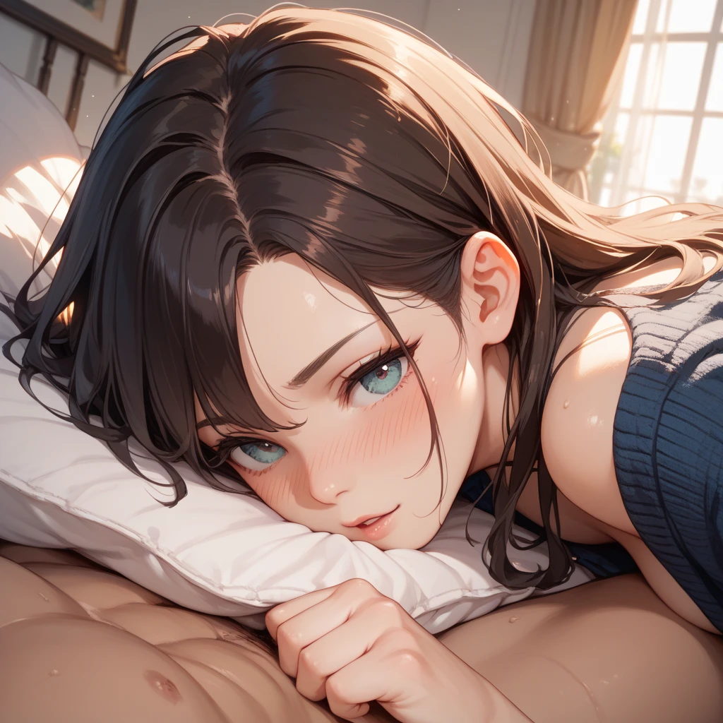 (masterpiece:1.4, best quality), (intricate details), unity 8k wallpaper, ultra detailed, beautiful and aesthetic, (photorealistic:1.4), perfect lighting, ({gigantic|big|huge|mega} breasts:1.1), cleavage, (lying on bed:1.3),nsfw,1woman, kneeing, ((from above, pov)), (fellatio:1.0), focus face, embarrassed, blush, looking at viewer, licking my dick,({gigantic|big|huge|mega} penis:1.1),green skirt, <lora:licking_my_dick.sd.v1.2:1>, <lora:odanon-v1.5newcraft-lora-naivae-128dim-block:0.2>, <lora:hipoly_3dcg_v7-epoch-000012:0.25>, <lora:eye-test8:-1>