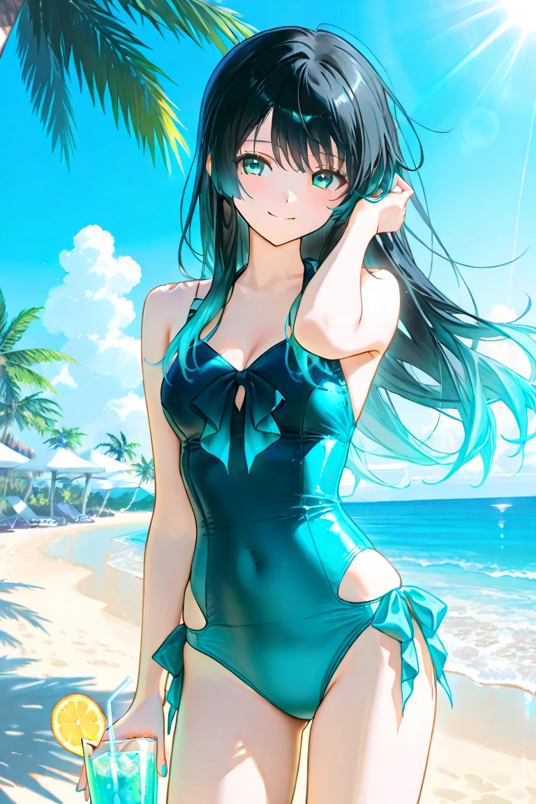 Girl with dark blue hair, green eyes,tall rectangular body figure, mature,chilling on the beach