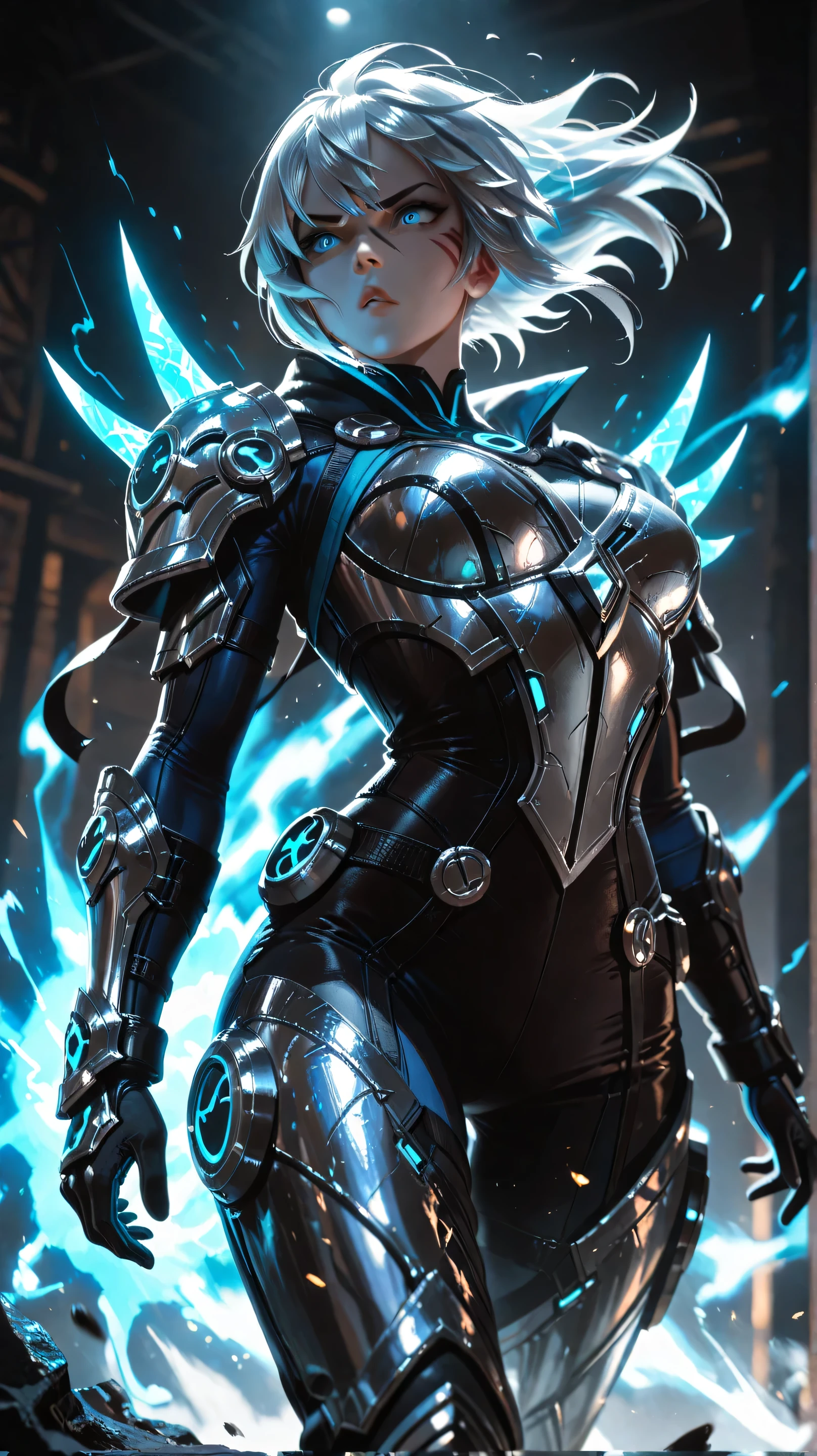 "A highly detailed 3D render of Gusion, the Mobile Legends assassin hero, in a dynamic and stylish pose. He is holding his signature daggers with precision, ready for battle. His outfit is sleek and futuristic with sharp edges and intricate armor details, glowing with vibrant blue and silver tones that contrast boldly against a dark, moody background. His expression is intense and focused, with wind blowing through his silver hair to add a sense of motion. The overall lighting is dramatic, with high contrast between shadows and highlights, emphasizing the textures and depth of the character."