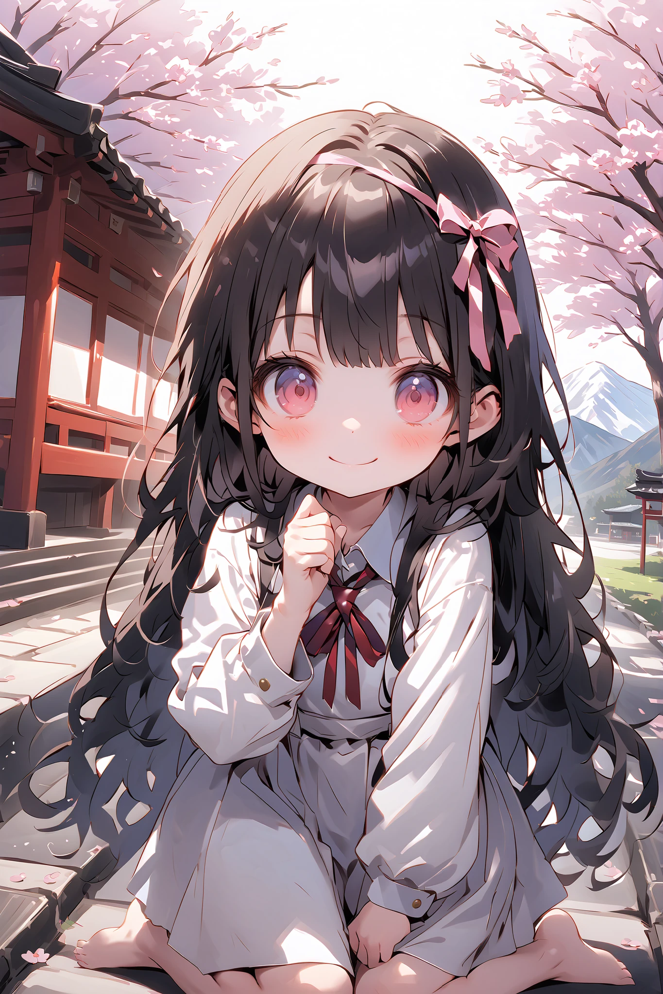 (One personの少女)、One person、Solo Photo、uniform、Barefoot、dark haired、long hair、stupid hair、ribbon on head、(Primary school student 1.2)、with a young face、(child)、Smile Yan、full body image、face up with ties、raise your hand upward、Legs、Mountain、nature、tree、cherry blossoms、shrine