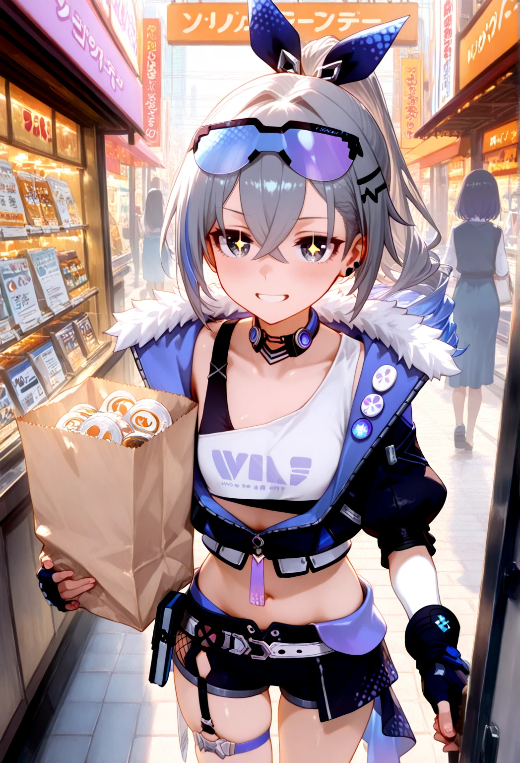 (masterpiece, sidelighting, finely detailed beautiful eyes: 1.2), 

view and looking_afar, FloralWhite tinted tri_braids style and MediumSlateBlue vertical-striped eye of step-sister wearing paint splatter on face and bunny mixture of GhostWhite and Navy of hobble_dress  or wearing Lavender of gym_shorts, bear of sleeveless_turtleneck and party_hat or wearing squirrel ears and cross_earrings , crossed_legs, shopping or posture_of_at_least_two_characters, gardening, shushing,