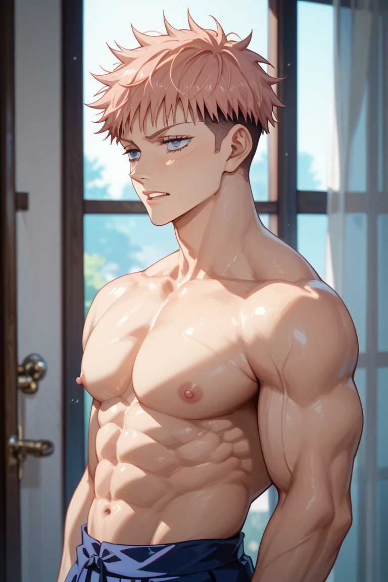 masterpiece, best quality red eyes, game cg, 1boy man, rugged face, solo, male focus, looking at viewer, upper body, Natsu Dragneel natsu_dragneel, pink hair, red eyes, shirtless naked, toned muscle, pectorals, 8 abs, toned legs, ((naked flaccid penis and scrotum )) ((opening door:1.2)), bathroom shower, detailed, dynamic lighting, well lit, ((wet body))