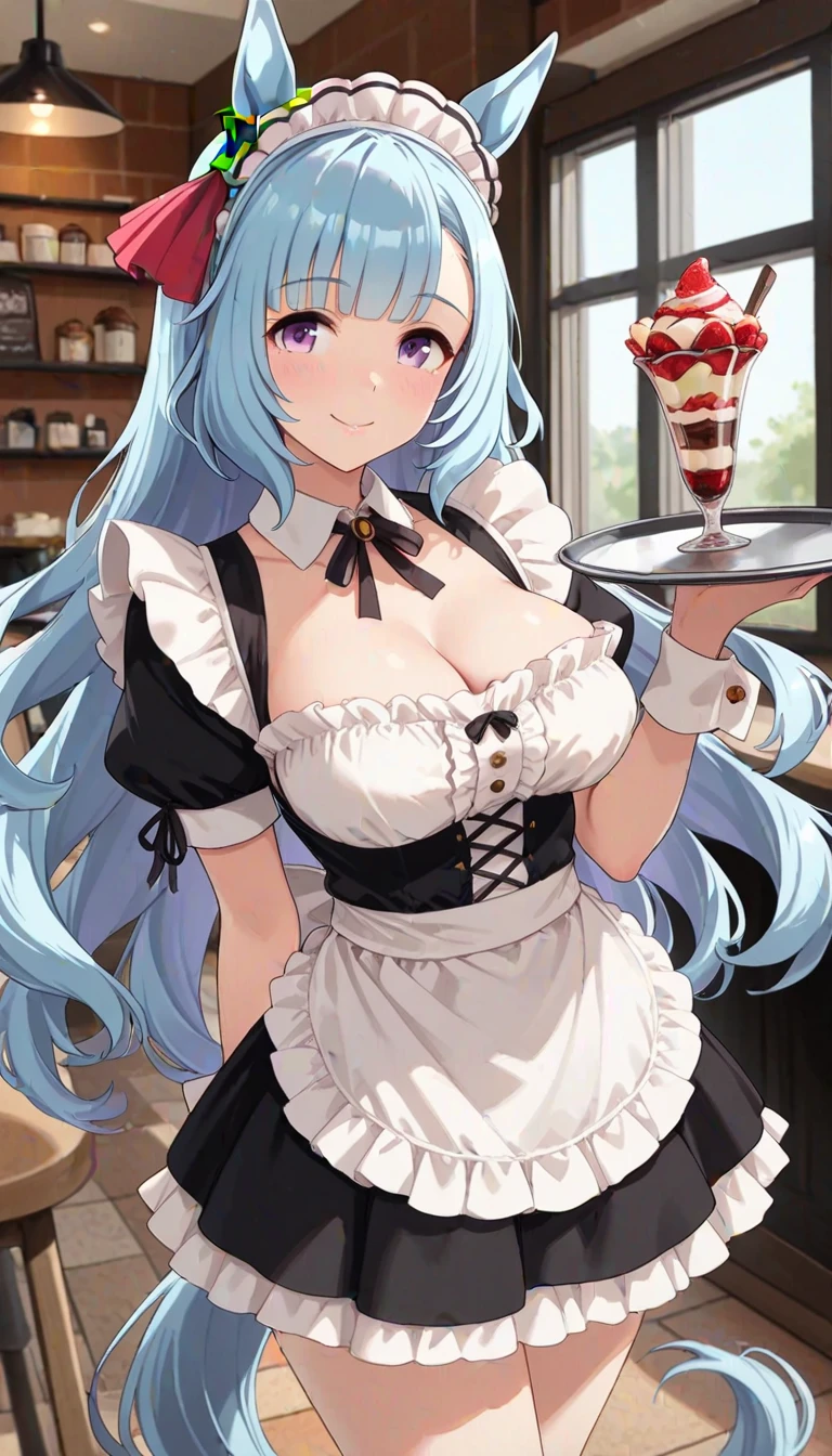 1girl,breasts,solo,green eyes,apron,maid headdress,maid,cleavage,long hair,short sleeves,tray,aqua hair,looking at viewer,puffy short sleeves,holding,white apron,bangs,blush,wrist cuffs,holding tray,black dress,white thighhighs,ahoge,medium breasts,parted lips,large breasts,one side up,detached collar,braid,:o,food,ribbon,