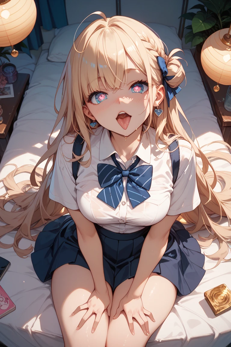 Highest quality, masterpiece, figure, wallpaper,One girl,White shirt, Light Hair, Beautiful detailed girl, Highly detailed eyes and face, Beautiful attention to detail, Shine,Browsing Caution, View your viewers, bed, night, Black Pantyhose, Straight hair, Red Eyes, long hair,Blonde, thick_Thighs, Large Breasts, Red eyes,Sitting,beautiful finger, clear background, deep night, Lying down