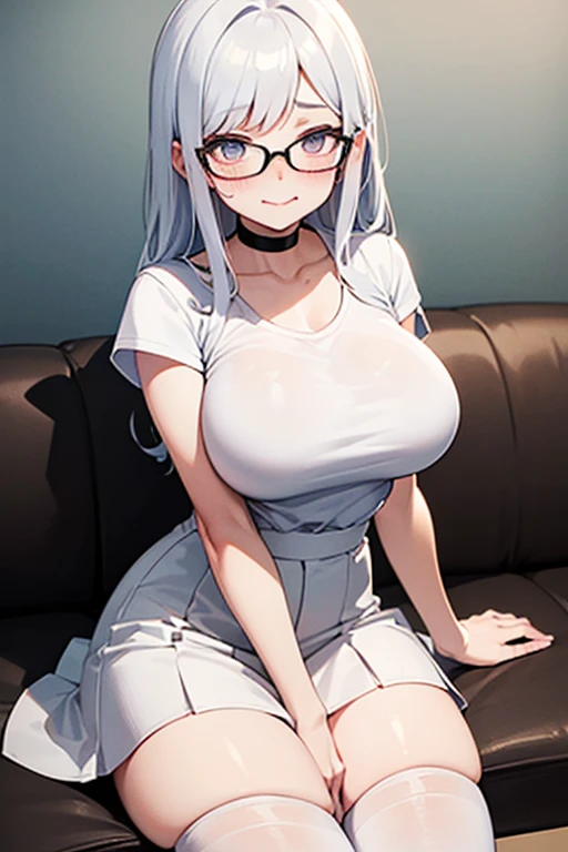 Erotic Anime Illustration、High resolution、One bitch gal gets ejaculated in her vagina、round glasses、Completely naked、super huge breasts、open the thighs、Damp with sweat、full nude、sit on the sofa、Pussy depicted without mosaic、plump thighs、spread your legs、archaic smile