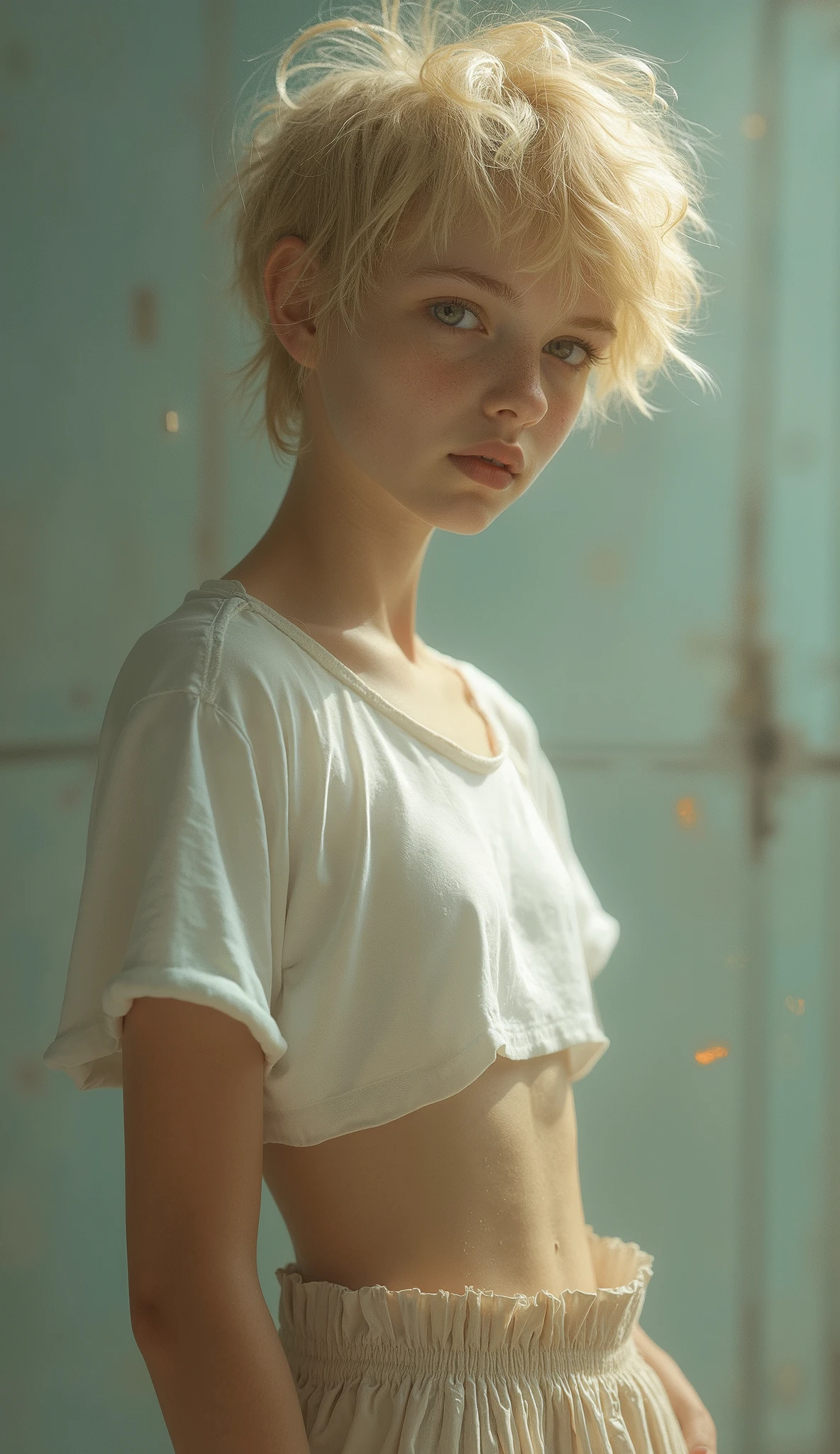 a 20 yo woman, blonde, Curly hair, (hi-top fade:1.3), dark theme, soothing tones, muted colors, high contrast, (natural skin texture, hyperrealism, soft light, sharp), exposure blend, medium shot, bokeh, (hdr:1.4), high contrast, (cinematic, teal and orange:0.85), (muted colors, dim colors, soothing tones:1.3), low saturation, (hyperdetailed:1.2), (noir:0.4),
