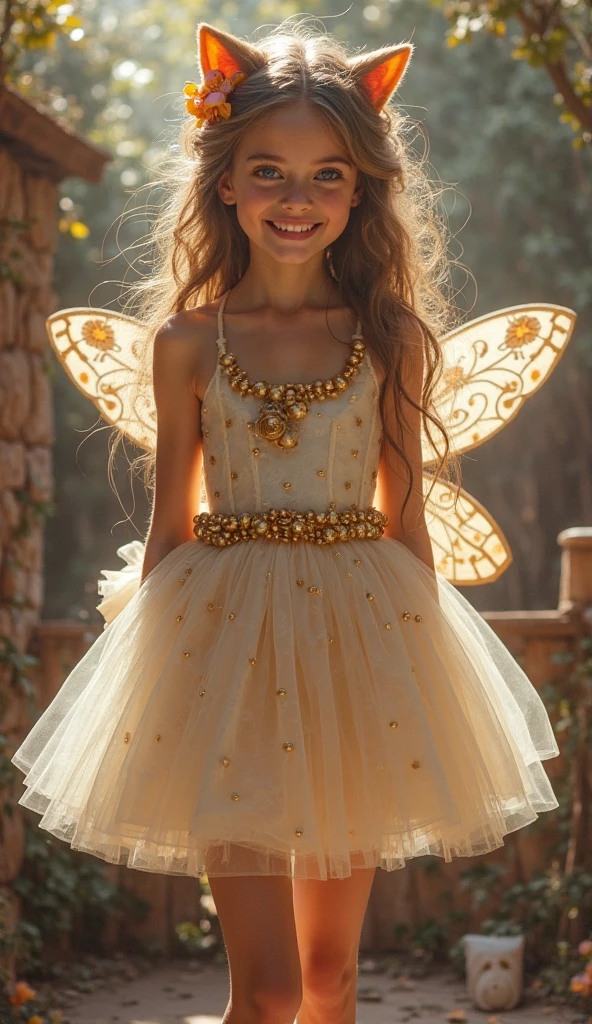 An eight-year-old girl wearing a yellow moon dress and two pigtails with gold and pink hair, a pink and green heart necklace and green eyes, and crystal shoes and fairy wings with a princess crown and a magic wand in the shape of a pink and 3d