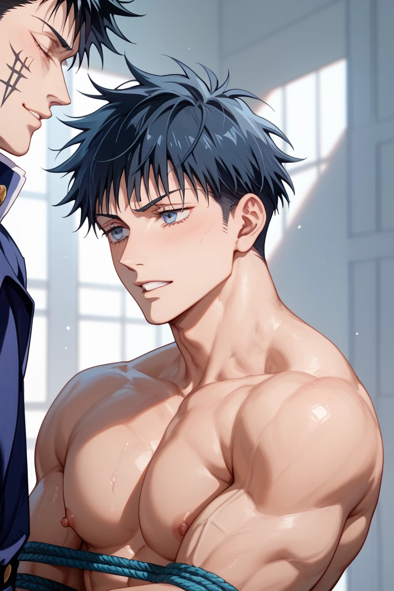 ((masutepiece)), ((Best Quality)), ((anime profile style)), ((Brown skin)), ((dark blue eyes)), ((Dark blue hair))、Handsome man , ((berry berry short hair)),  ((muscular:1)),masculine、Tall、A sexy、Adult man