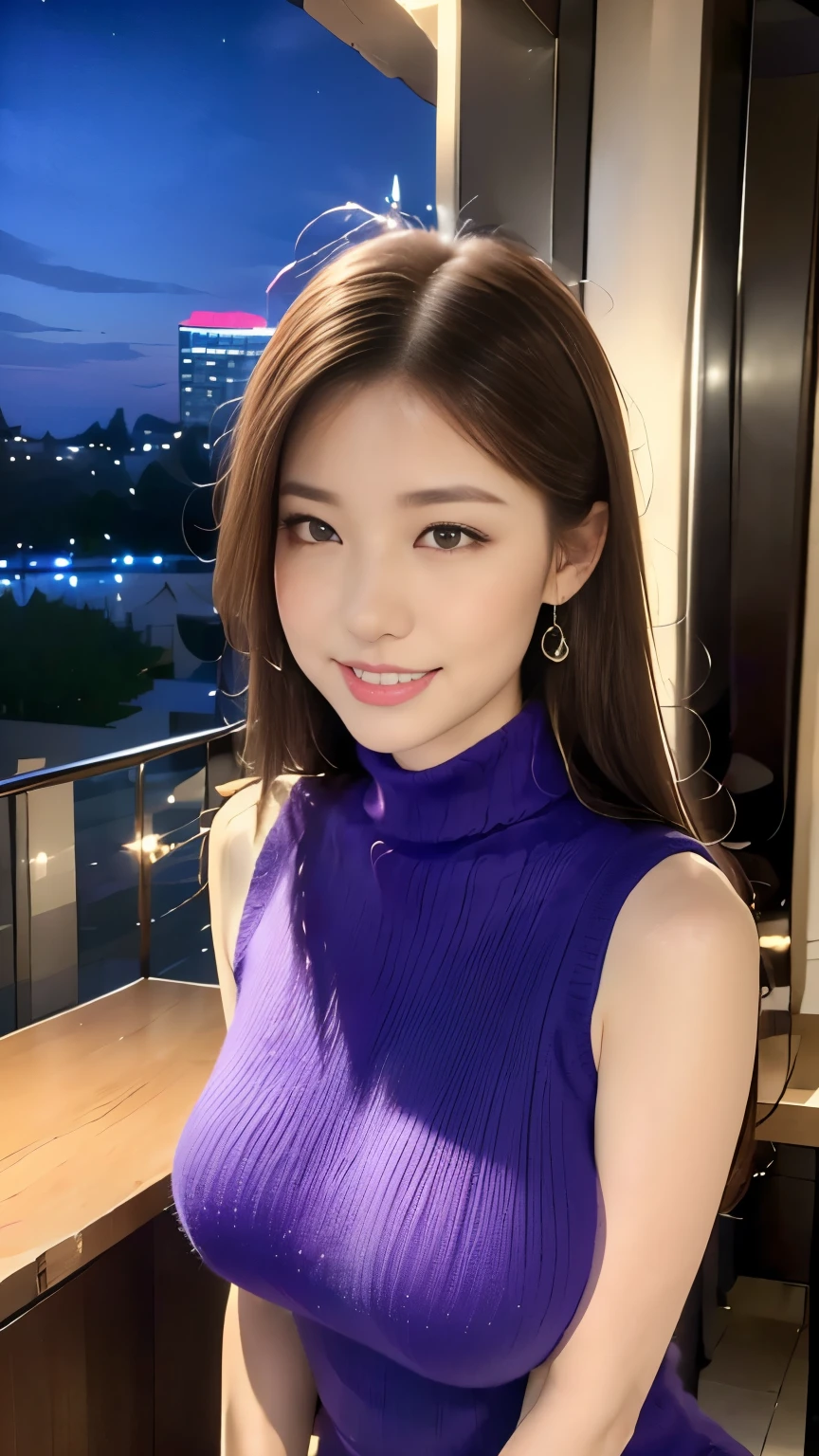(((Violet Sleeveless Turtleneck Knitted Dress:1.2)))、(innocent and elegant girl)、(cowboy shot:1.2)、(focus on face and chest)、big breasts、(Luxury hotels:1.2)、From above、(straight hairstyle、brown hair、medium long hair)、Highly detailed face and skin texture、detailed eye、double eyelid、pale cheeks、 small shiny necklace and earrings、glossy lips:1.4、pure white skin:1.2、((big breasts:1.2))、((Close your eyes and ask for a kiss:1.2))