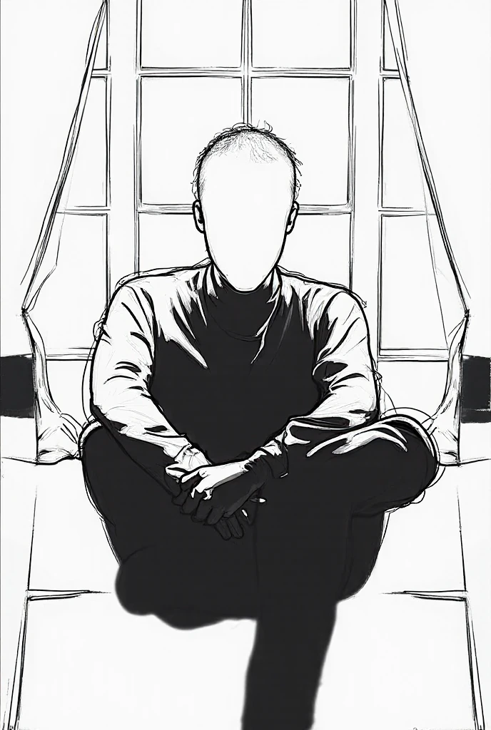 best quality, high resolution, (((clean background))), high contrast, ((1boy:1.1, sone-drawing, monochromes, sketch, Pencil drawing, comic strip、manga comics, white background, clean line drawings, vibrant colors, undress, (((bald))), (((nude))), (((full-body:1.0))), Jeggings, crossed ankle sitting position, sit on the window, (((Facing the camera:1.0)))
