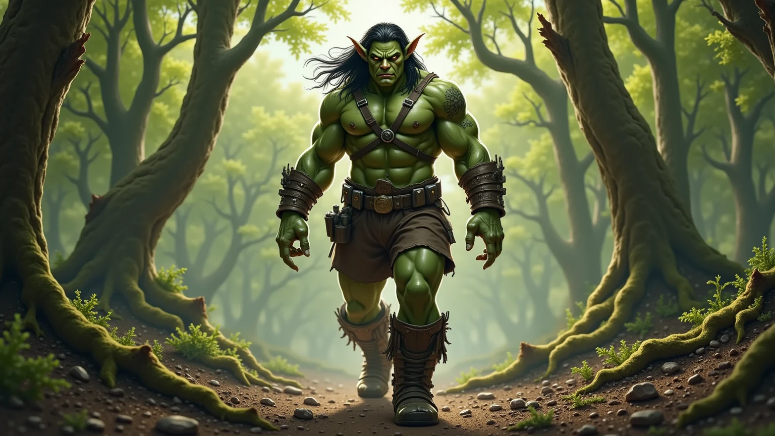 male orc, green skin, long hair, beard, muscular, wearing animal leather clothes, iron armor adorned with animal bones, 8k, ultra realistic --auto --s2