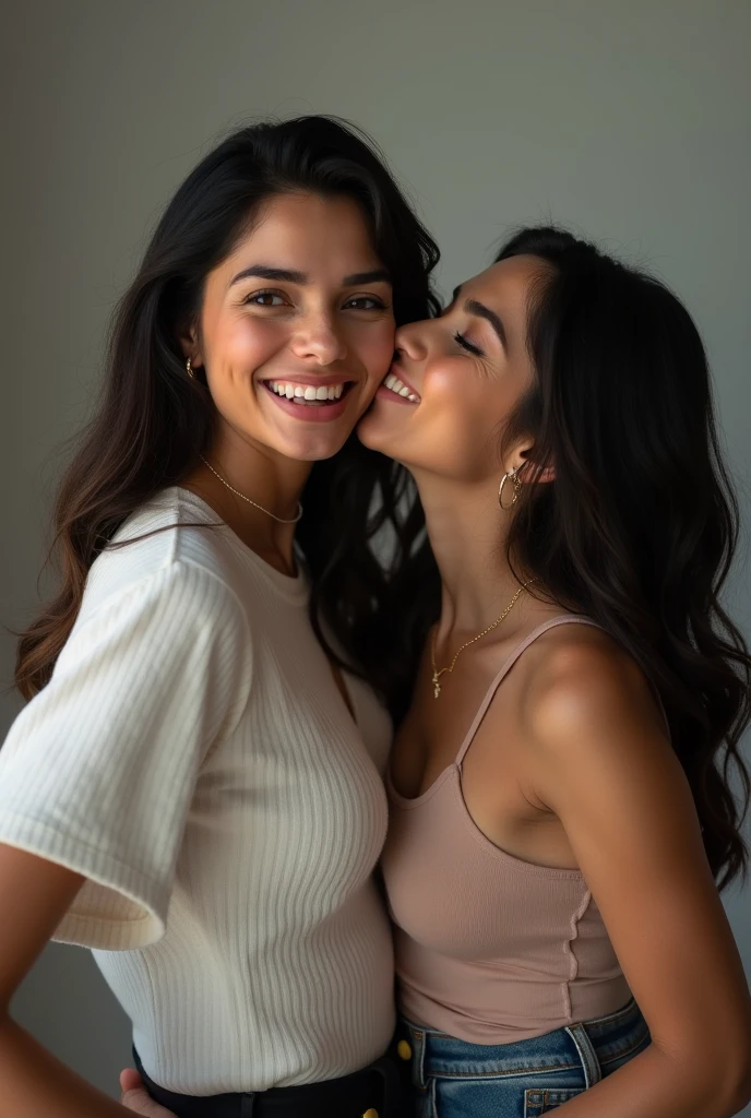 chica cabello rojo super realista y hermosa sonriendo y jygando con una amiga