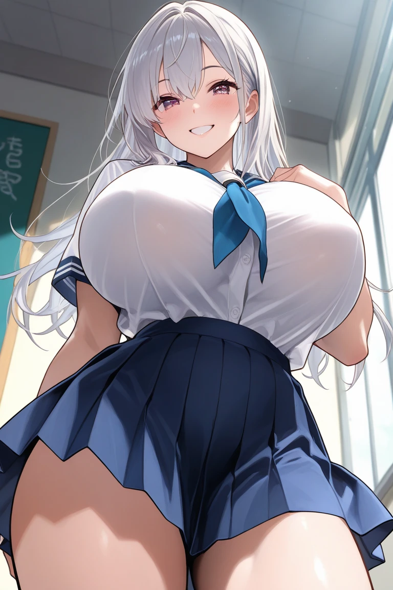 (masterpiece, highest quality, Very detailed, 16k high definition anime, Anatomically perfect body),(yuna_yunohana), 1girl,One girl、Perfect Face、Cute face、Beautiful Face、smile、Beautifully detailed eyes、A little droopy、Red eyes、Silver Hair、Long Hair、(Huge breasts:1.5)、Beautiful cleavage、(sailor suit top、Short length), Beautiful cleavage、 Sometimes her bra peeks out、(Sailor skirt), Occasionally panties are exposed、Smooth body lines、Wide hips:1.4、Big Ass:1.5、High Body、Beautiful long legs、(Flying with bent knees、Round your waist)、Joy Pose、View your viewers、(Cherry blossom park background、under the cherry tree、SakuraFubuki )、Above-the-knee photos、