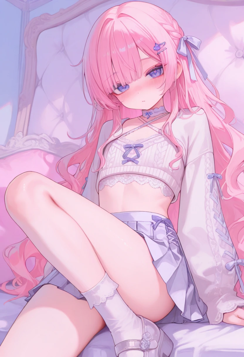 (Realistic painting style:0.9), masterpiece, best quality, absurdres, looking at viewer, solo, sangonomiya kokomi, alternate costume, 1girl, solo, food, pink hair, bow, purple bow, shirt, white shirt, looking at viewer, bangs, skirt, purple eyes, bowtie, multicolored hair, ponytail, long hair, cake, indoors, frills, blush, holding, collared shirt, purple bowtie, hair bow, sitting, bow-shaped hair, window, blunt bangs, cake slice, smile, sidelocks, blue bow, shirt tucked in, sleeves rolled up, fruit, upper body, center frills, gradient hair, dress shirt, light particles, strawberry, pocky, blue hair