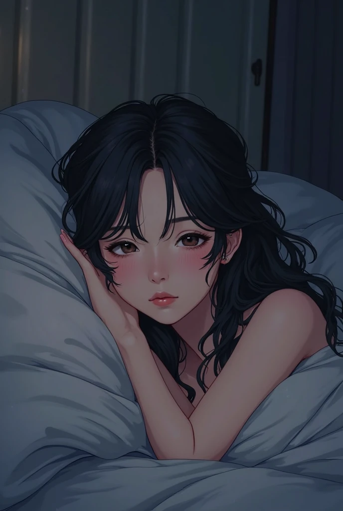 A college student with an anime-like face lies naked, Her body is facing away from the camera, Her face is facing the camera, Her hair is all naked and pushed back.It's night outside,