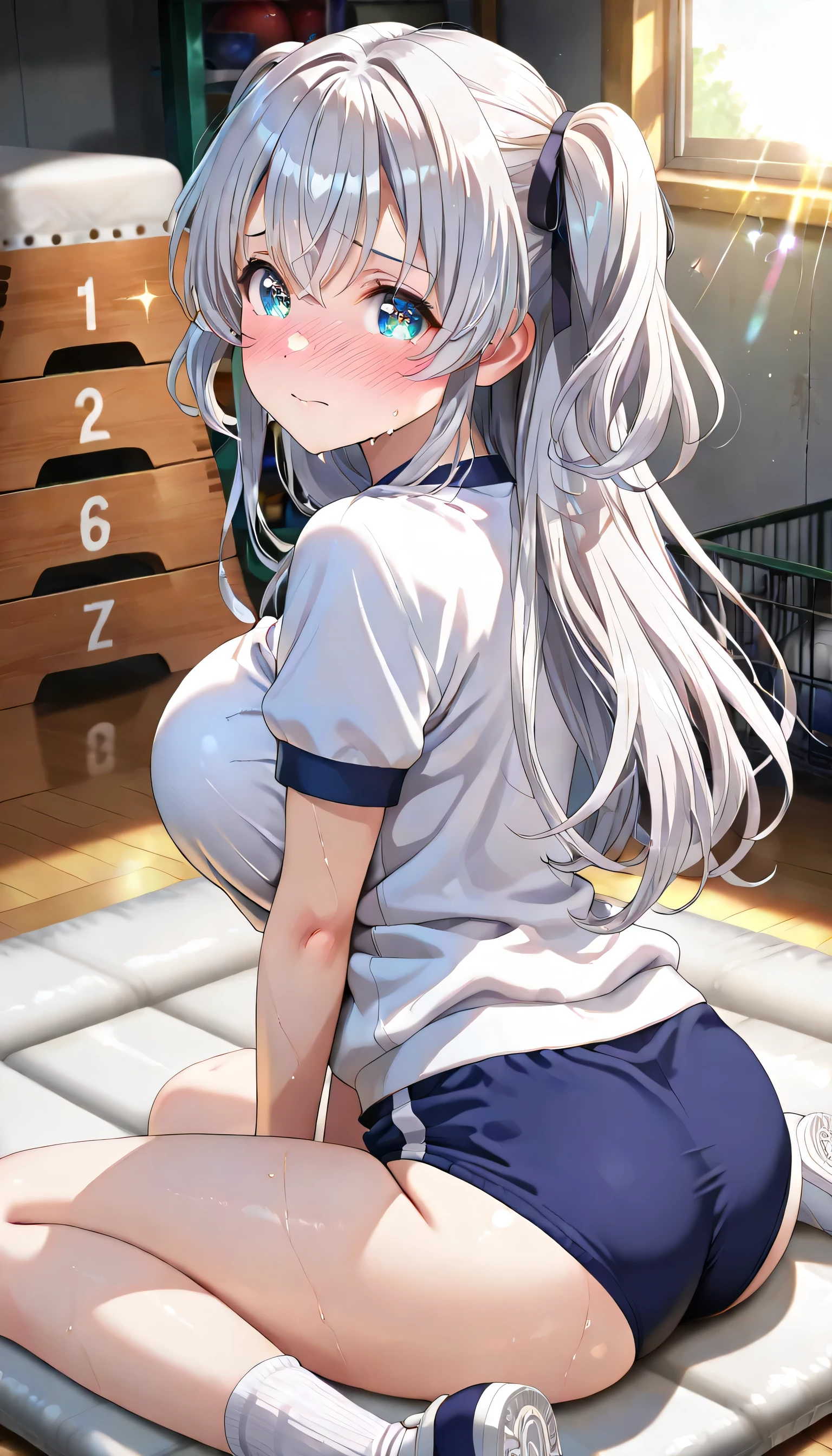 ((ultra-detailed)), (highly detailed CG illustration), (best quality:1.2), ultra-highly, girl, dainty facial structure, (face), (round face), rounded chin:1.2, short stature,, celia-default, celia claire, blue eyes, moist eyes, silver hair color, two side up, (hair ribbon with red), ample breasts, white gym uniform with navy blue rim:1.4, ((short sleeves:1.4)), (navy blue school gym buruma:1.4), ((shy:1.2)), ((full face blush:1.2)), Sweat:1.4, (looking at viewer), (sitting on floor), ((wariza:1.4)), ((V arms)), (gymnasium storeroom), (sitting on a gymnastics mat), ((from behind)), ((turn around)), dynamic pose, contrapposto pose, best quality, expecting, pink cheek, blush, light pink gloss slip, portrait, depth of field, ((sparkling sunlight:1.4)), lighting, backlighting, (shine), lighting, caustics, ray tracing, perfect face, lustrous skin, highly detailed face, highly detailed eyes, perfect face, perfect nose, perfect hair, perfect eyes, perfect anatomy, beautiful hair, beautiful small face, extremely detailed face, beautiful detailed eyes, beautiful clavicle, beautiful body, beautiful huge breasts, leavage, breasts squeezed together, equalize the size of the left and right breasts, beautiful thin thighs, beautiful legs, beautiful fingers, ((4 fingers)), 1 thumb, lovely, (very detailed background:1.0), (highly detailed background:1.0), summer aesthetic, intricate details, festival atmosphere, summer colors palette, chromatic aberration
