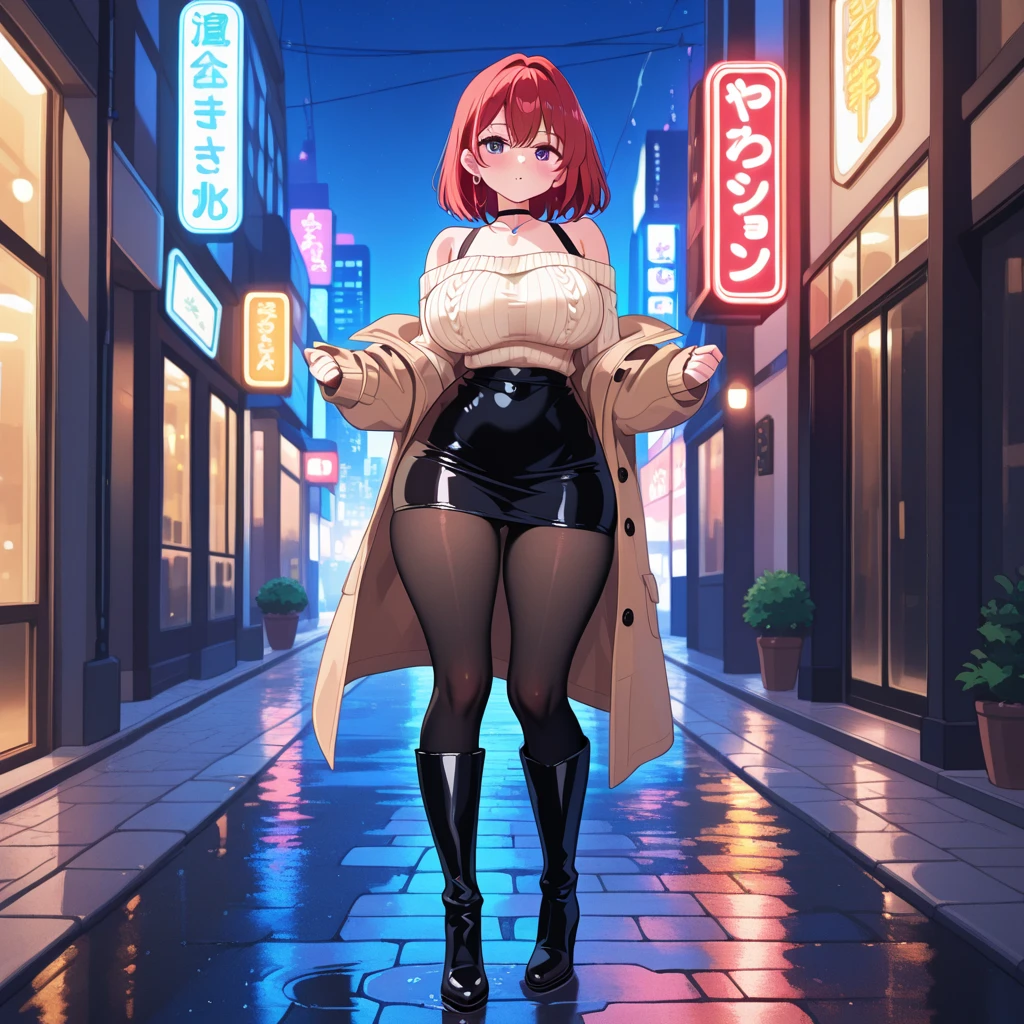 orange eyes light,richly faded light orange hair, anime 1girl, no skirt, brown military boots, pouch on the waist belt, khaki bikini, "black tights", "dark_orange knee pad on right leg",( night city:1.4), black long cloak, (good hand:1.5 ) good legs, (Good face: 1.5), 1girl, best hand, no worst hand. without clothes, in big city, khaki t-shirt, best face, very good face, best eyes, best anatomy,walk  in the night Street