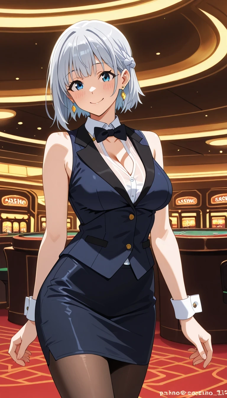 masterpiece, best quality, highres, aayelan, short hair, bob cut, braid, green eyes, earrings,<lora:yelan_v1:0.7>, standing, cowboy shot, playboy bunny, rabbit ears, strapless, black leotard, casino, smile, holding tray,