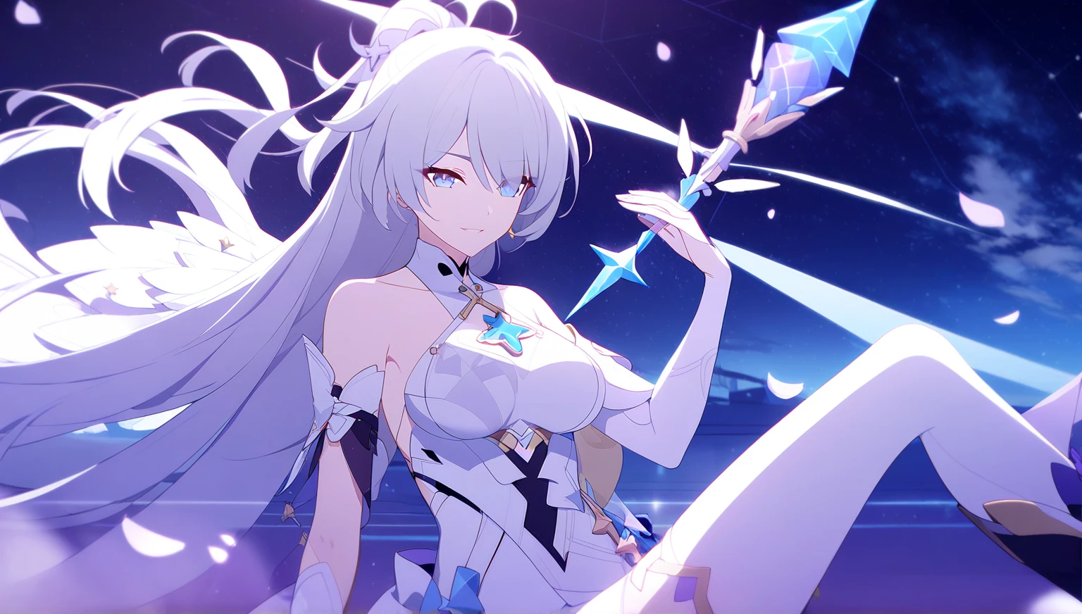 (Best quality,4K,8K,A high resolution,Masterpiece:1.2),huge tit,blue hairs,Blue and white skirt,Scepter in hand,Deep purple pupils,Pink and white bow,a matural female,Purple crystal aura,white clothes,clothes torn,White hood,Tear mole in the corner of the right eye,white stockings,goddes