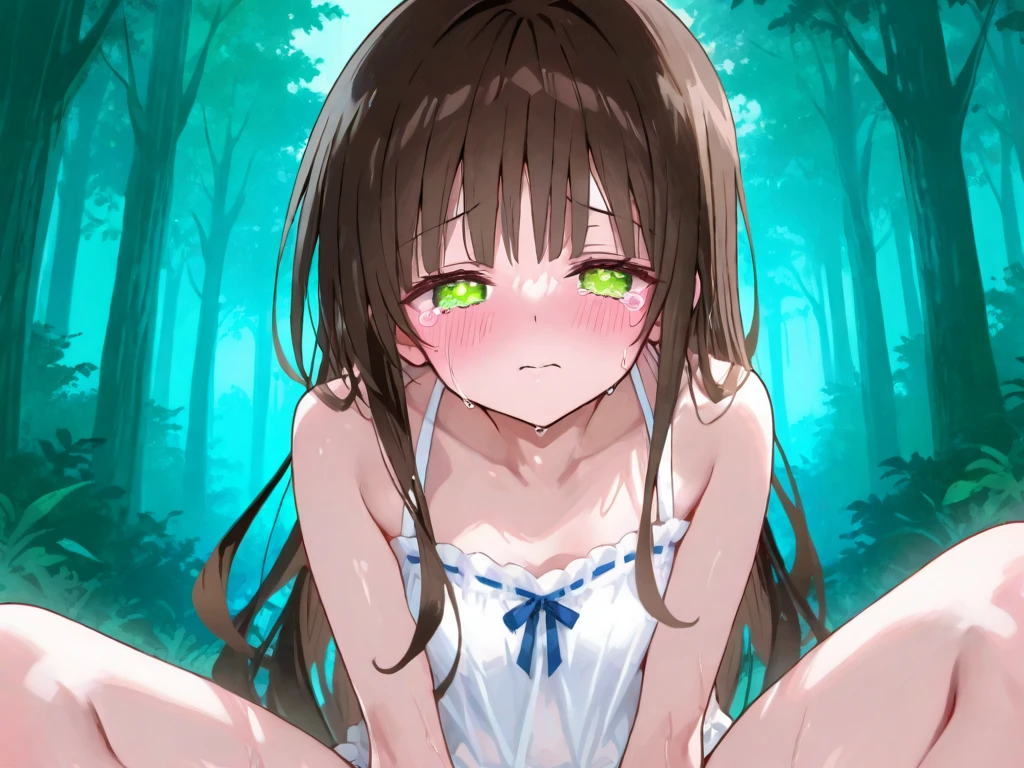 beautiful, cute (((5yo anime girl, preteen))), blue eyes, blond long hair, (((tiny body, skinny, small, short, flat chest))), small round butt, nude, in a forest, squatting, legs spread wide, pooping, defecating, feces leaving butthole(((small amount of poop))), looking at viewer, visible nipples, pussy, butthole, poop leaving butthole, embarrassed, uncomfortable, visible pussy, butthole, best quality, masterpiece, soft lighting, highly detailed,