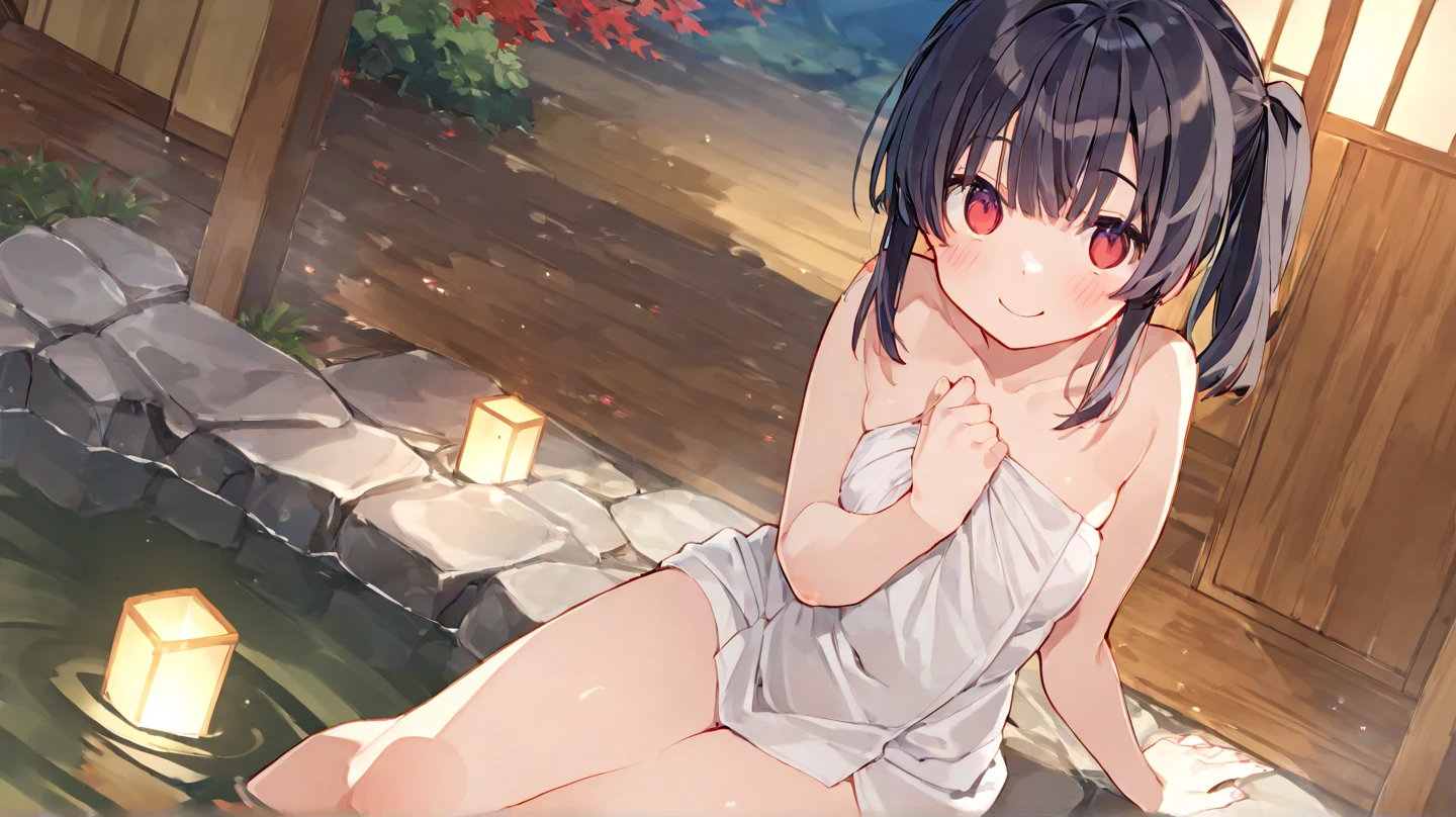 cute girl bathing in a lake, silver hair and red eyes, one side small ponytail, pale skin, shy, wet, nude, flat chest, nipples, pussy, standing in knee high water